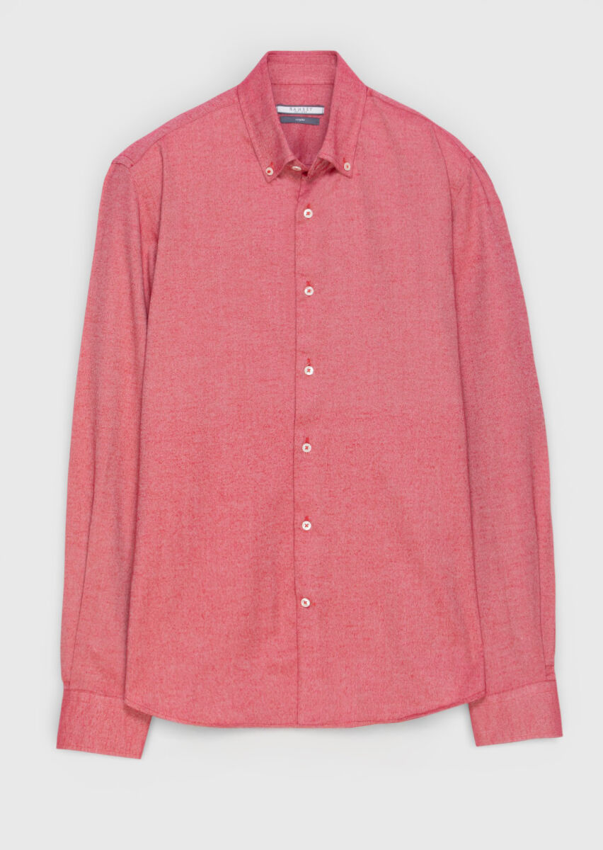 Red Plain Regular Fit Weaving Casual 100% Cotton Shirt - 5