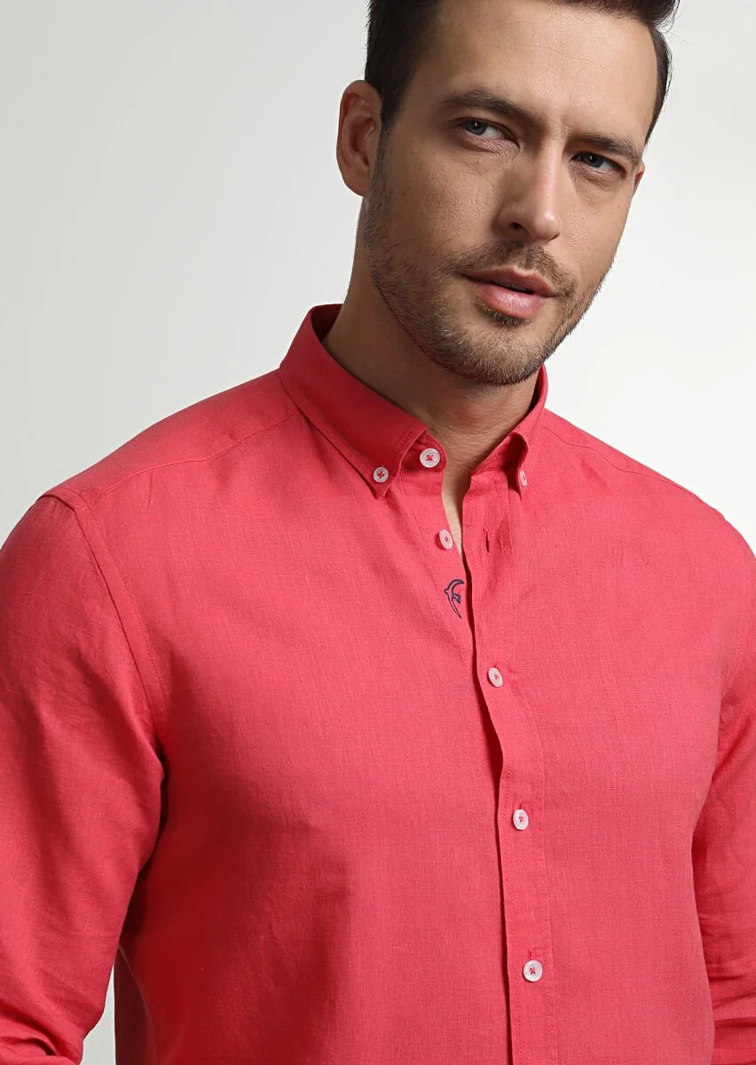Red Plain Regular Fit Weaving Casual Cotton Blended Shirt - 2