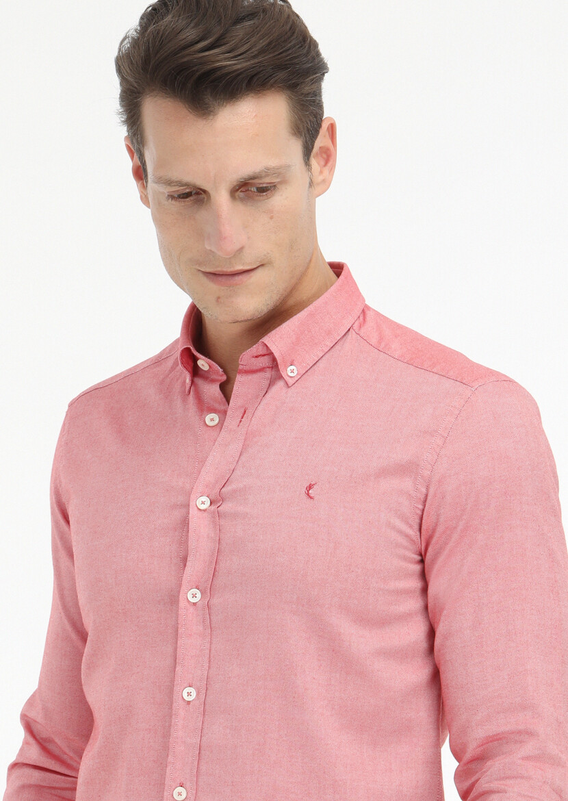 Red Plain Slim Fit Long Weaving Casual 100% Cotton Shirt - 3