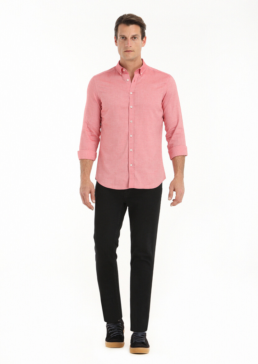 Red Plain Slim Fit Weaving Casual 100% Cotton Shirt 