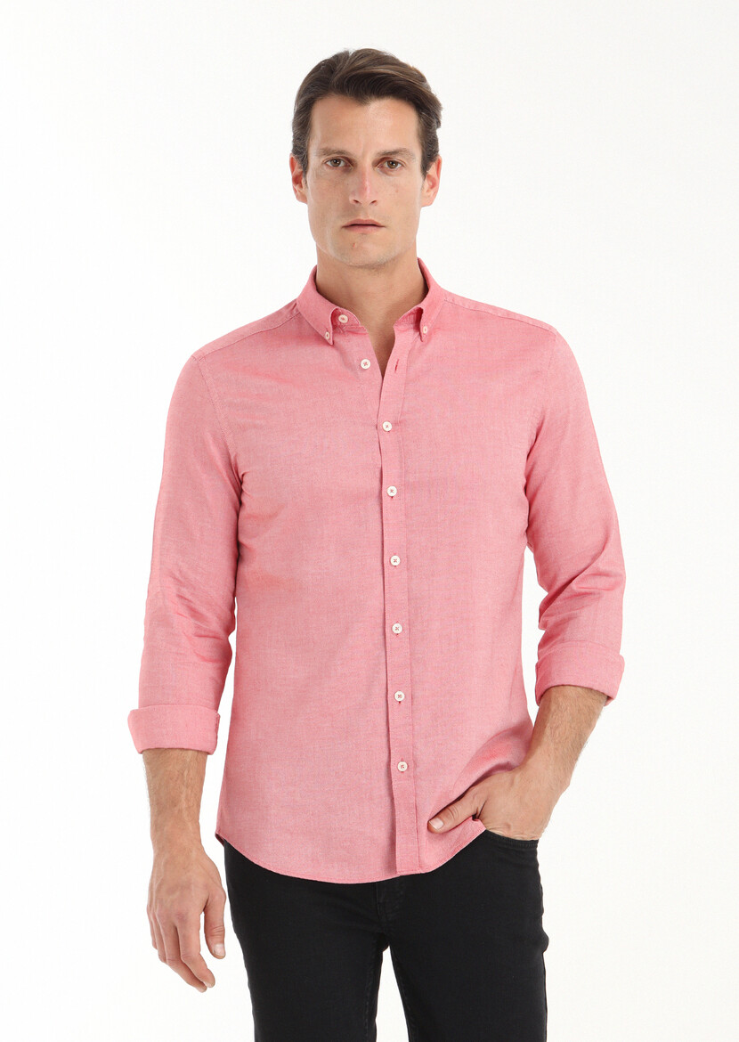 Red Plain Slim Fit Weaving Casual 100% Cotton Shirt - 2