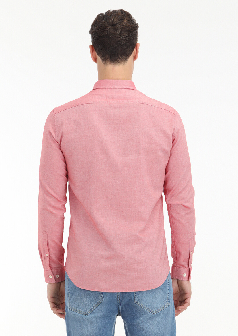 Red Plain Slim Fit Weaving Casual 100% Cotton Shirt - 4