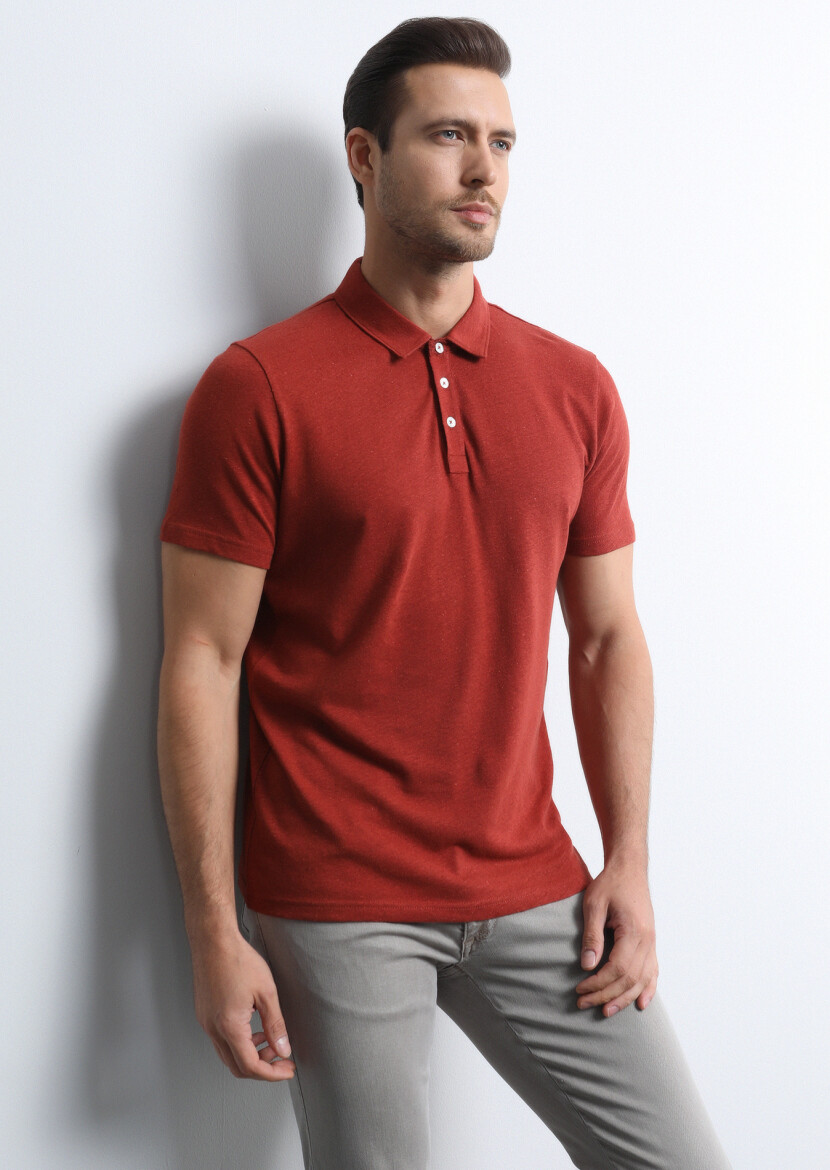 Red Printed Polo Neck Cotton Blended T-Shirt 