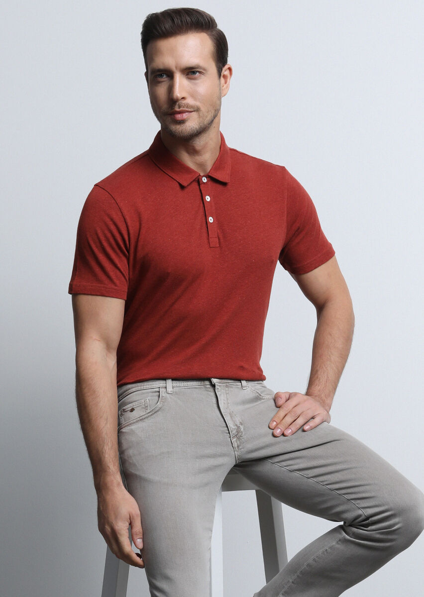 Red Printed Polo Neck Cotton Blended T-Shirt - 3