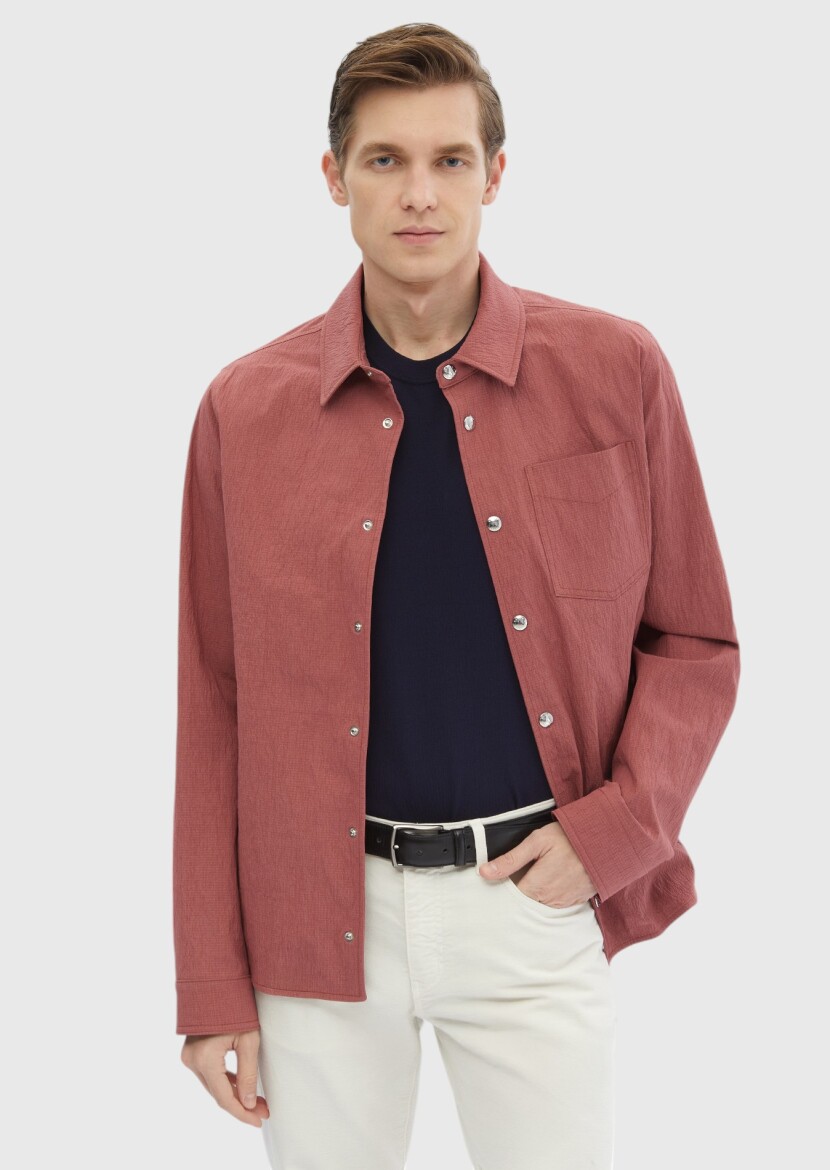 Red Regular Fit Shirt Collar Casual Weaving Coat - 3
