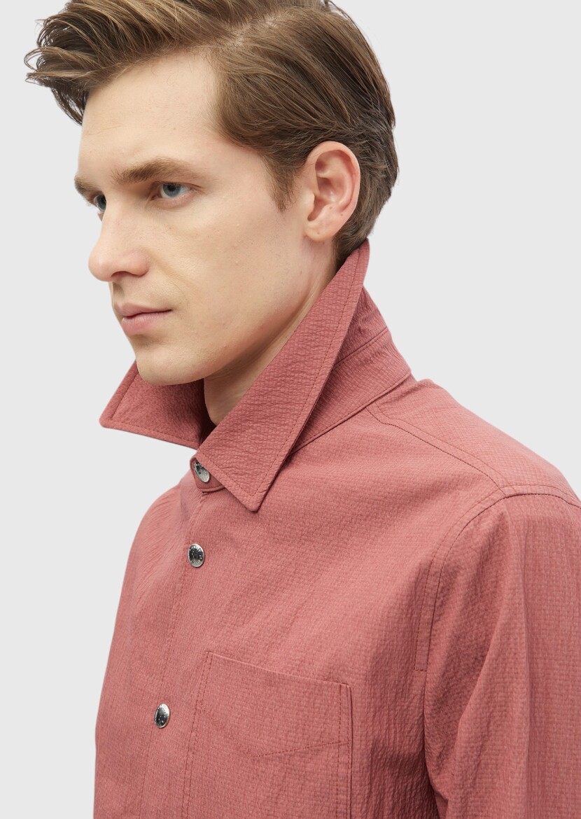 Red Regular Fit Shirt Collar Casual Weaving Coat - 4