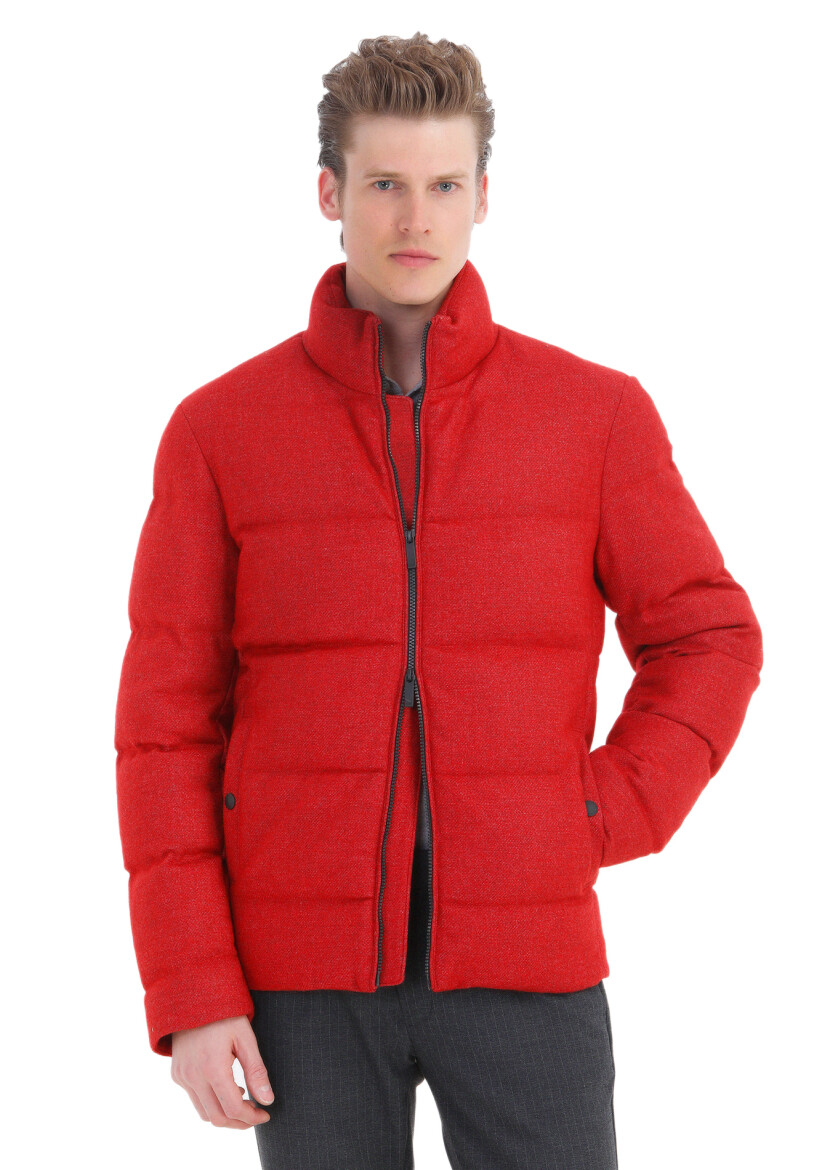 Red Regular Fit Turtleneck Casual Weaving Coat - 4