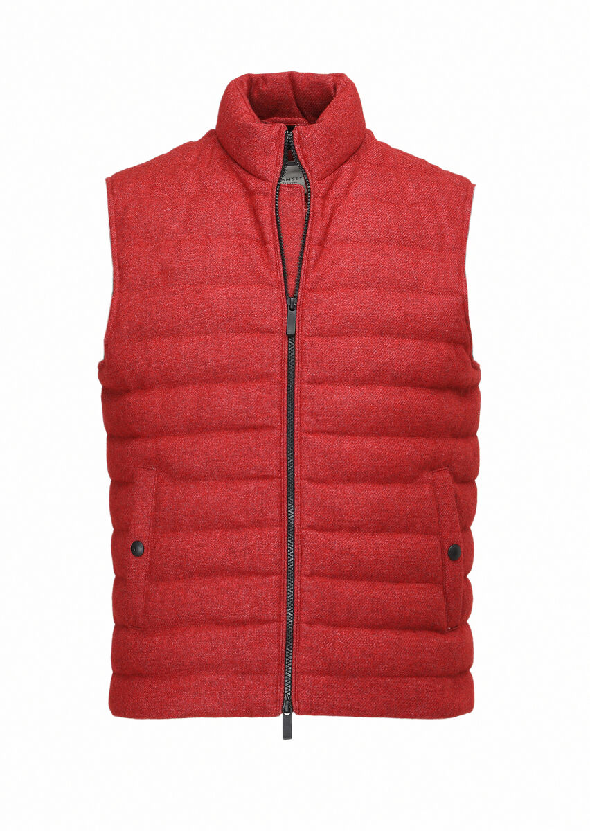 Red Regular Fit Turtleneck Casual Weaving Puffer Vest - 7