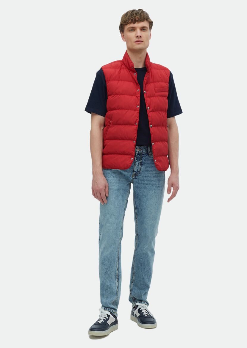 Red Regular Fit Turtleneck Casual Weaving Puffer Vest - RAMSEY