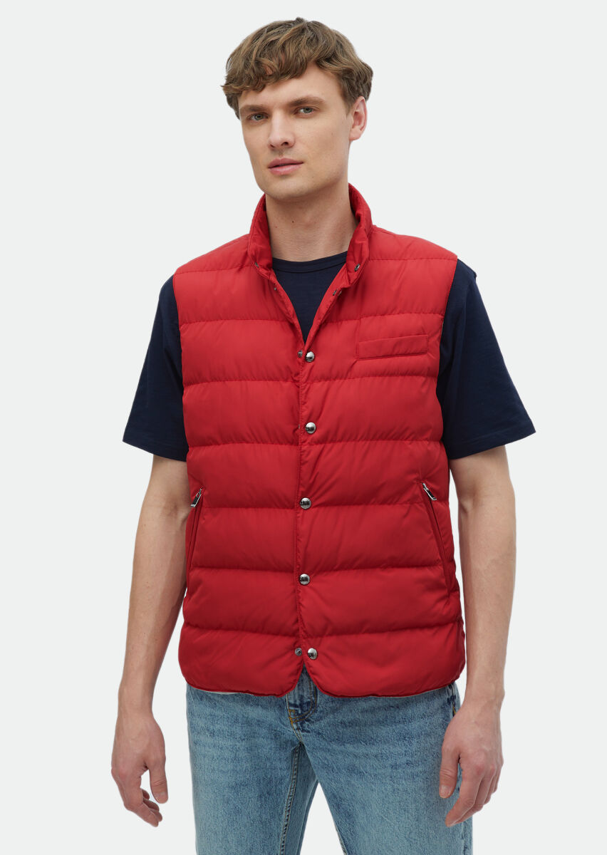 Red Regular Fit Turtleneck Casual Weaving Puffer Vest - 3