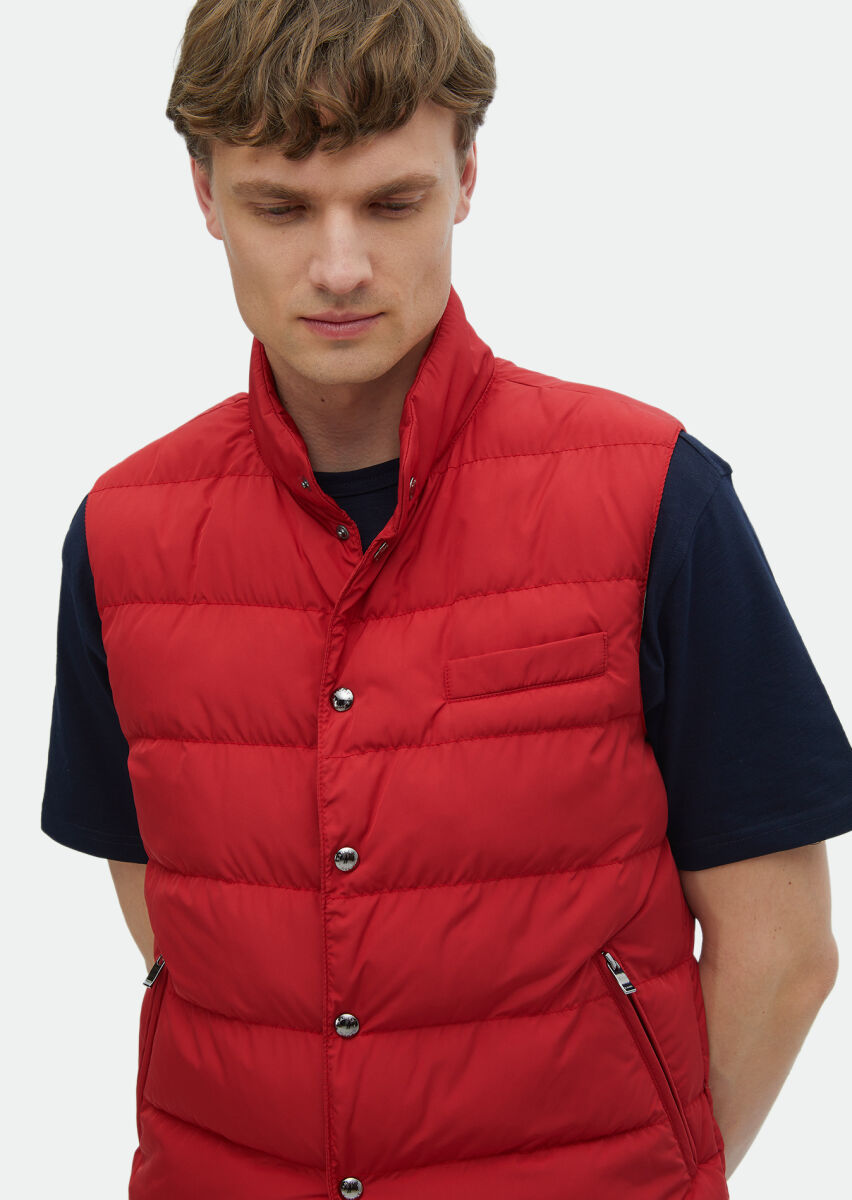 Red Regular Fit Turtleneck Casual Weaving Puffer Vest - 4