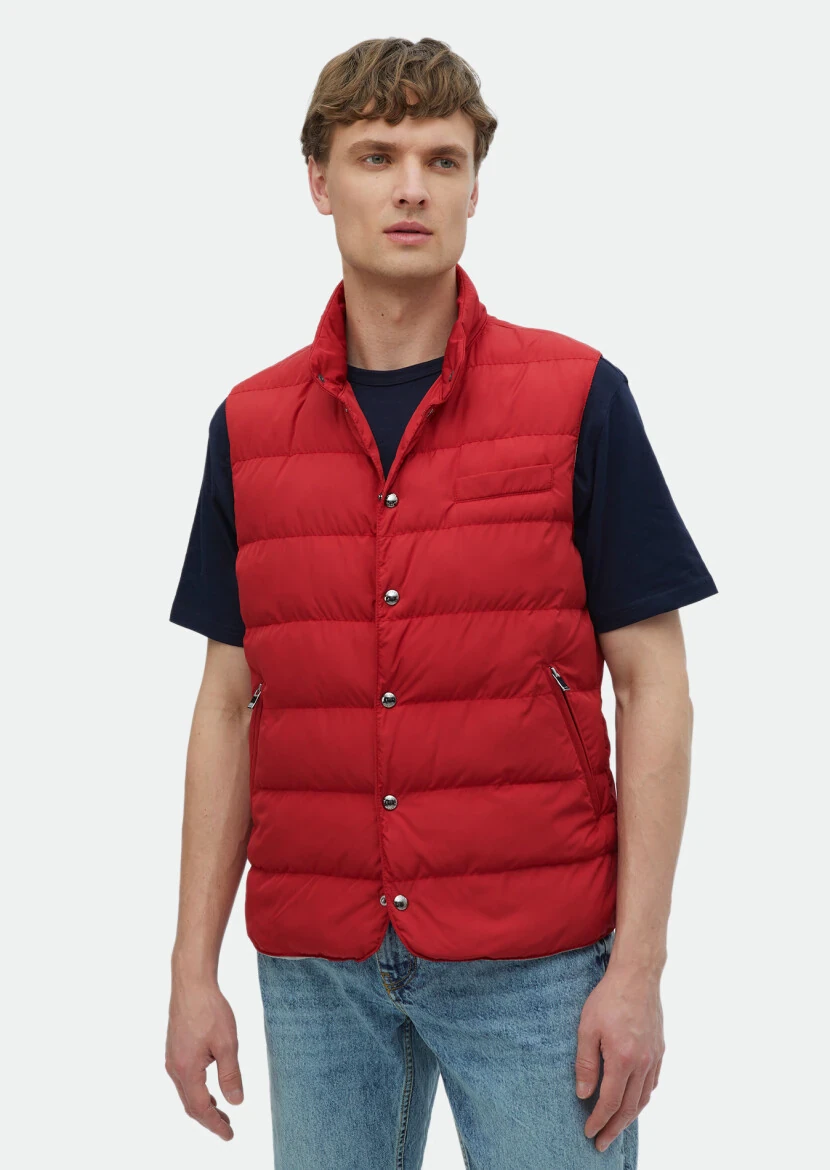 Red Regular Fit Turtleneck Casual Weaving Puffer Vest - RAMSEY