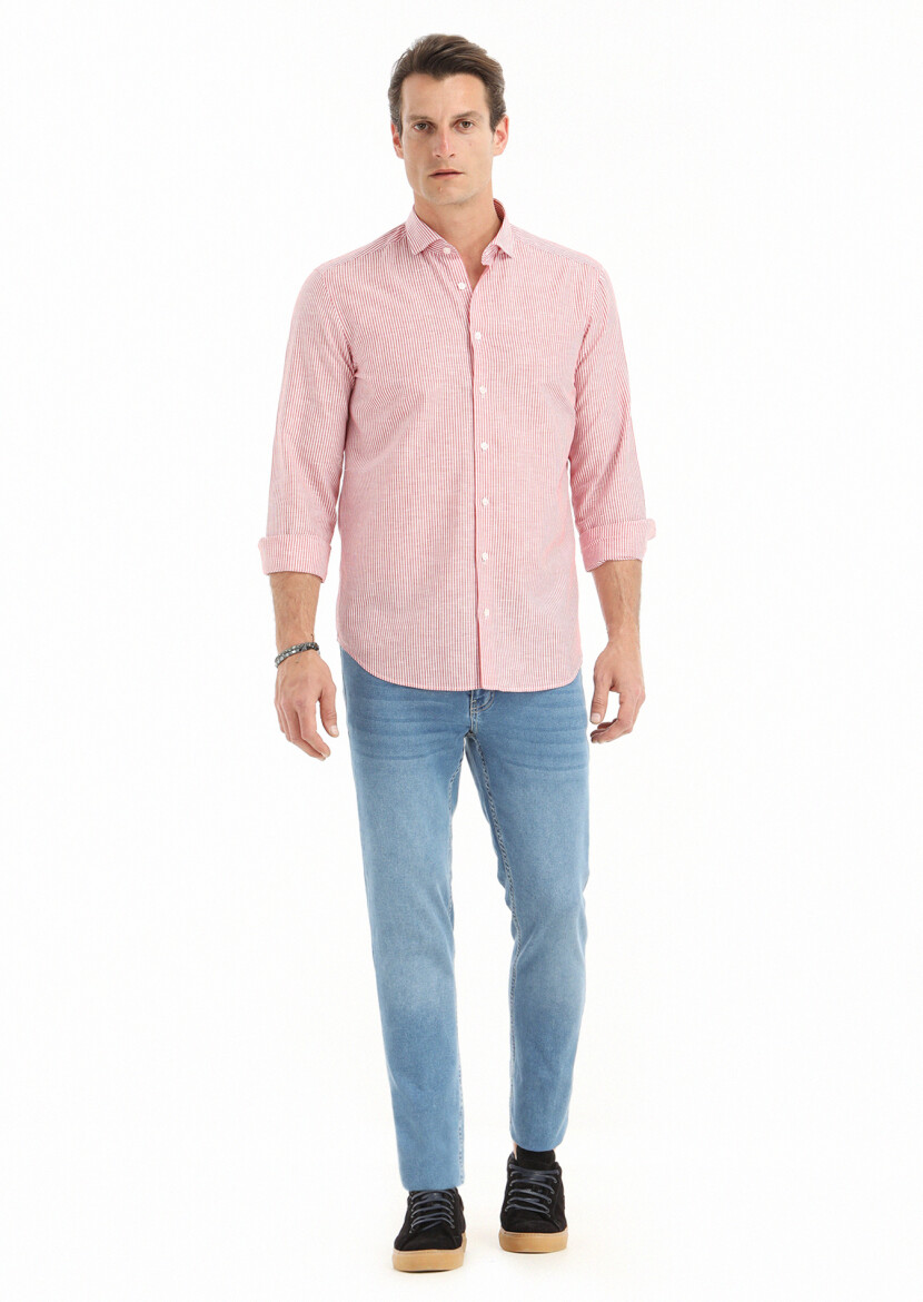 Red Striped Regular Fit Long Weaving Casual Cotton Blended Shirt - 1