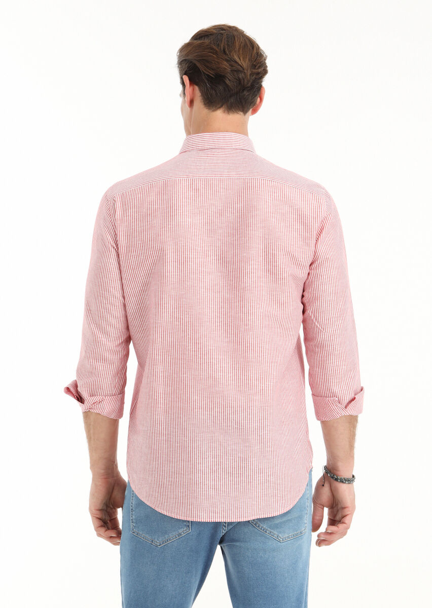 Red Striped Regular Fit Long Weaving Casual Cotton Blended Shirt - 2