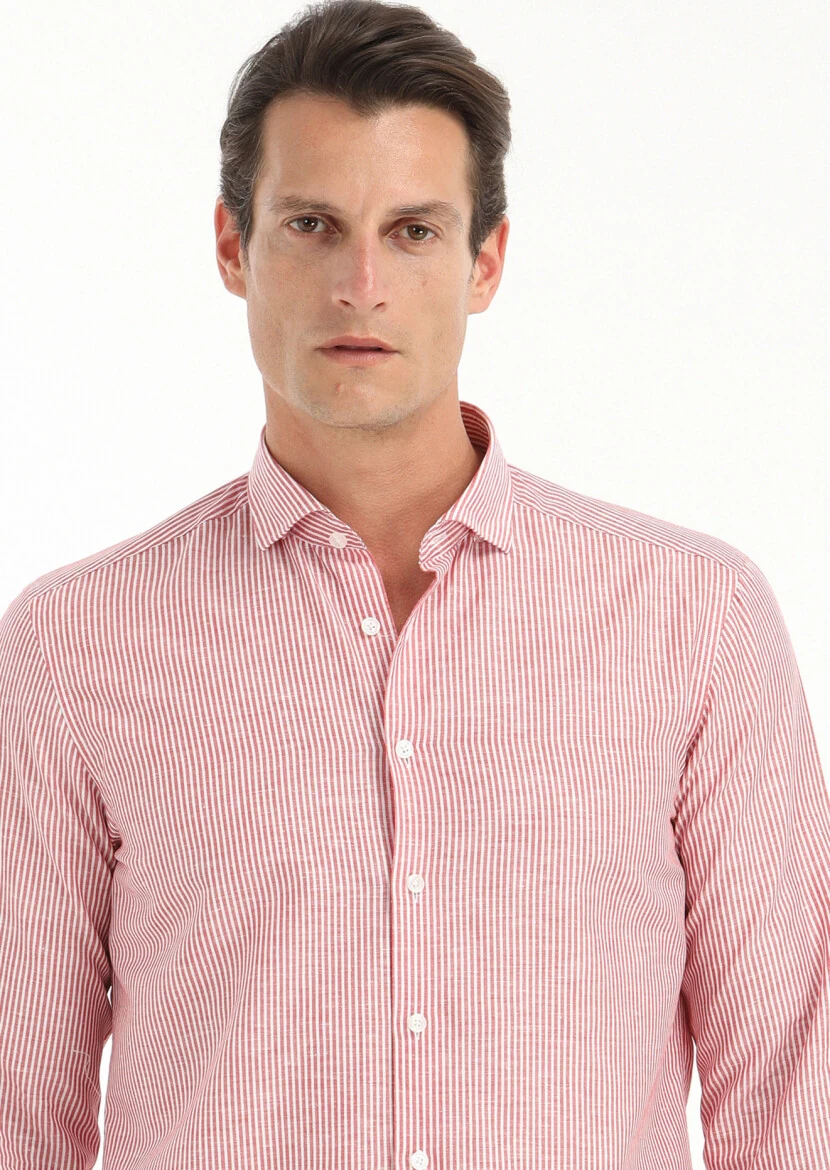 Red Striped Regular Fit Weaving Casual Cotton Blended Shirt - 2