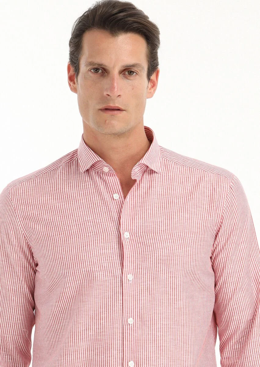 Red Striped Regular Fit Weaving Casual Cotton Blended Shirt - 2