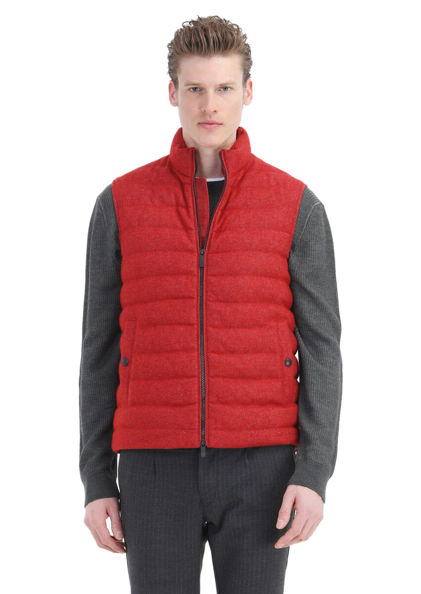 Red Wool Blended Weaving Puffer Vest - 3