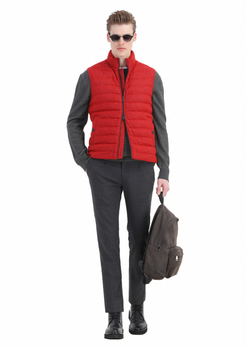 Red Wool Blended Weaving Puffer Vest - 4