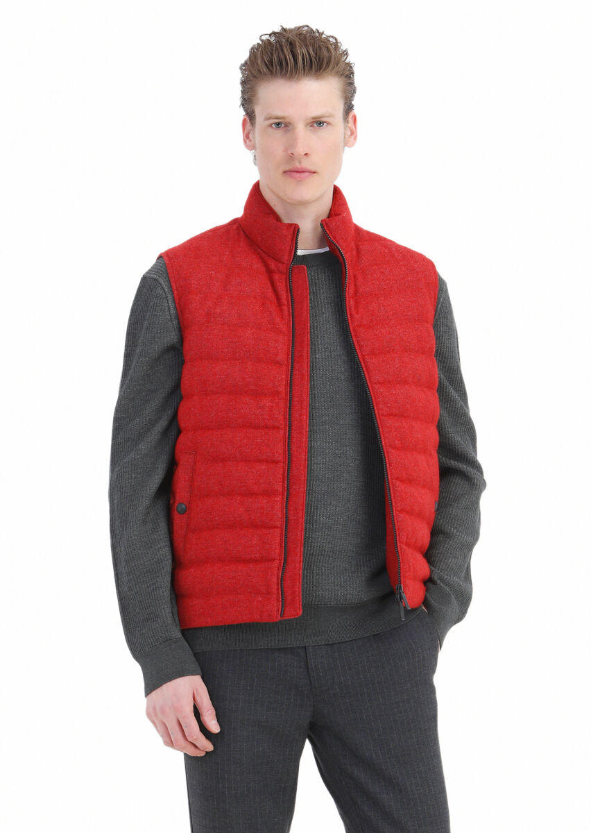 Red Wool Blended Weaving Puffer Vest - 5