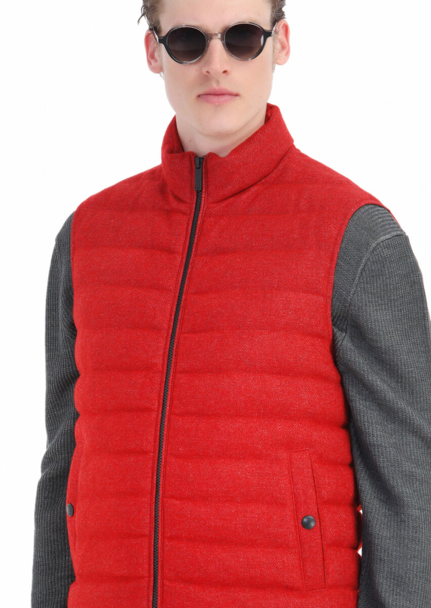 Red Wool Blended Weaving Puffer Vest - 6