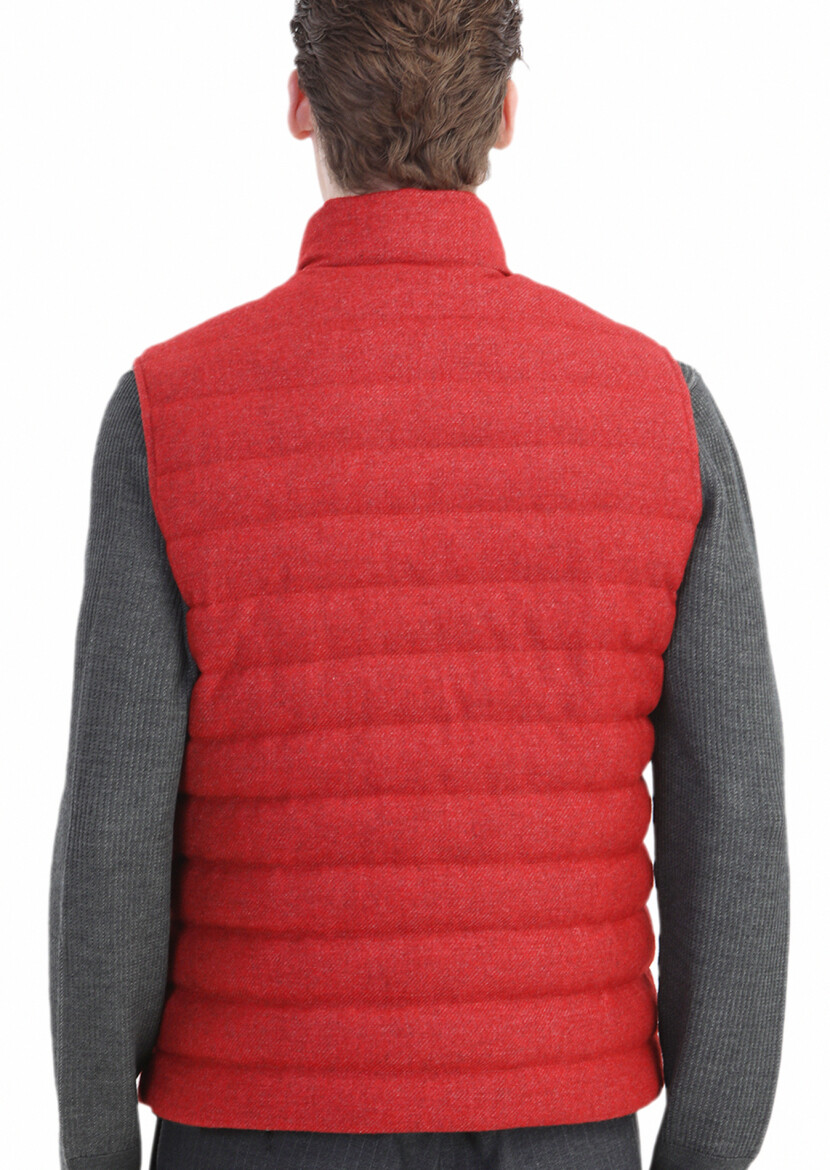 Red Wool Blended Weaving Puffer Vest - 7