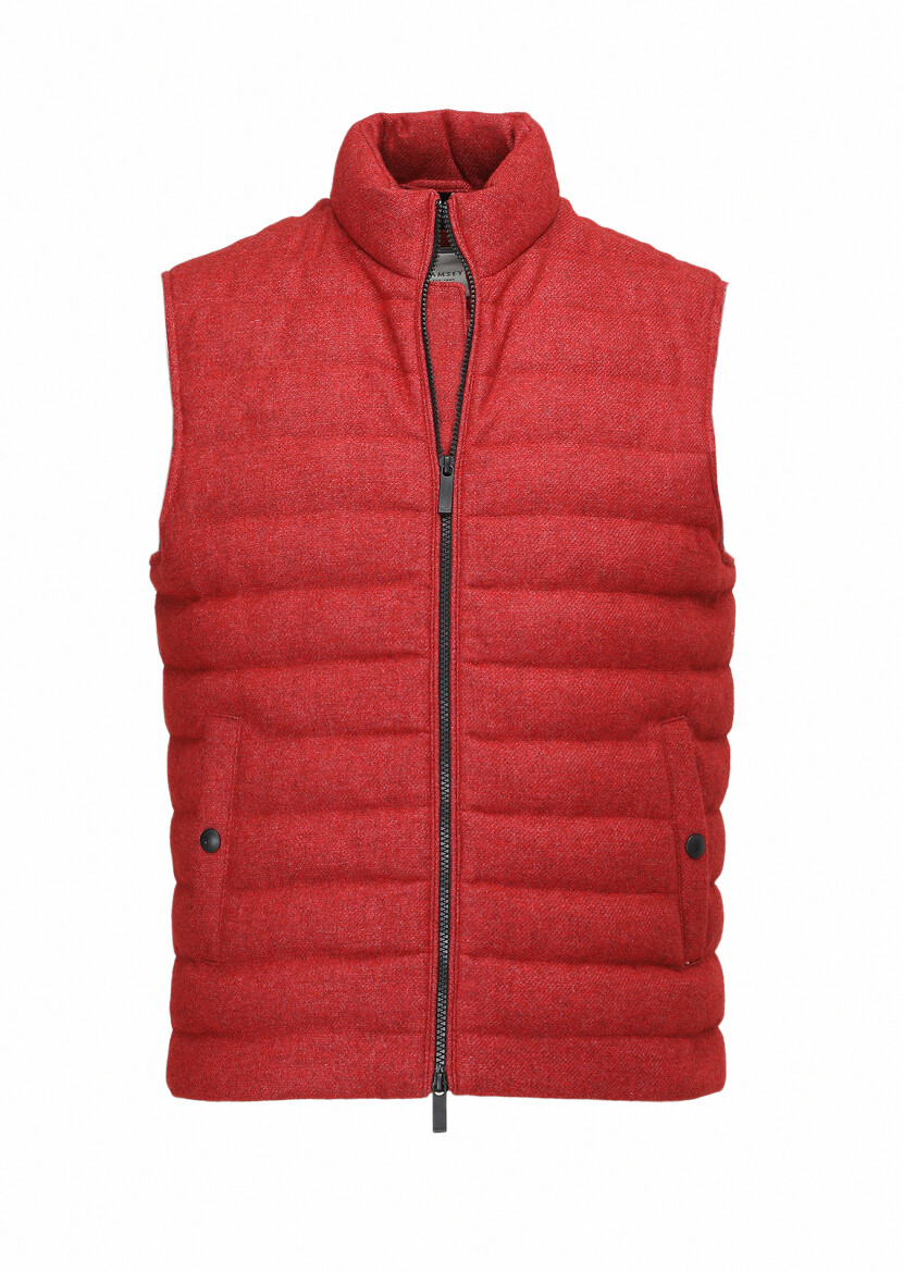 Red Wool Blended Weaving Puffer Vest - 8