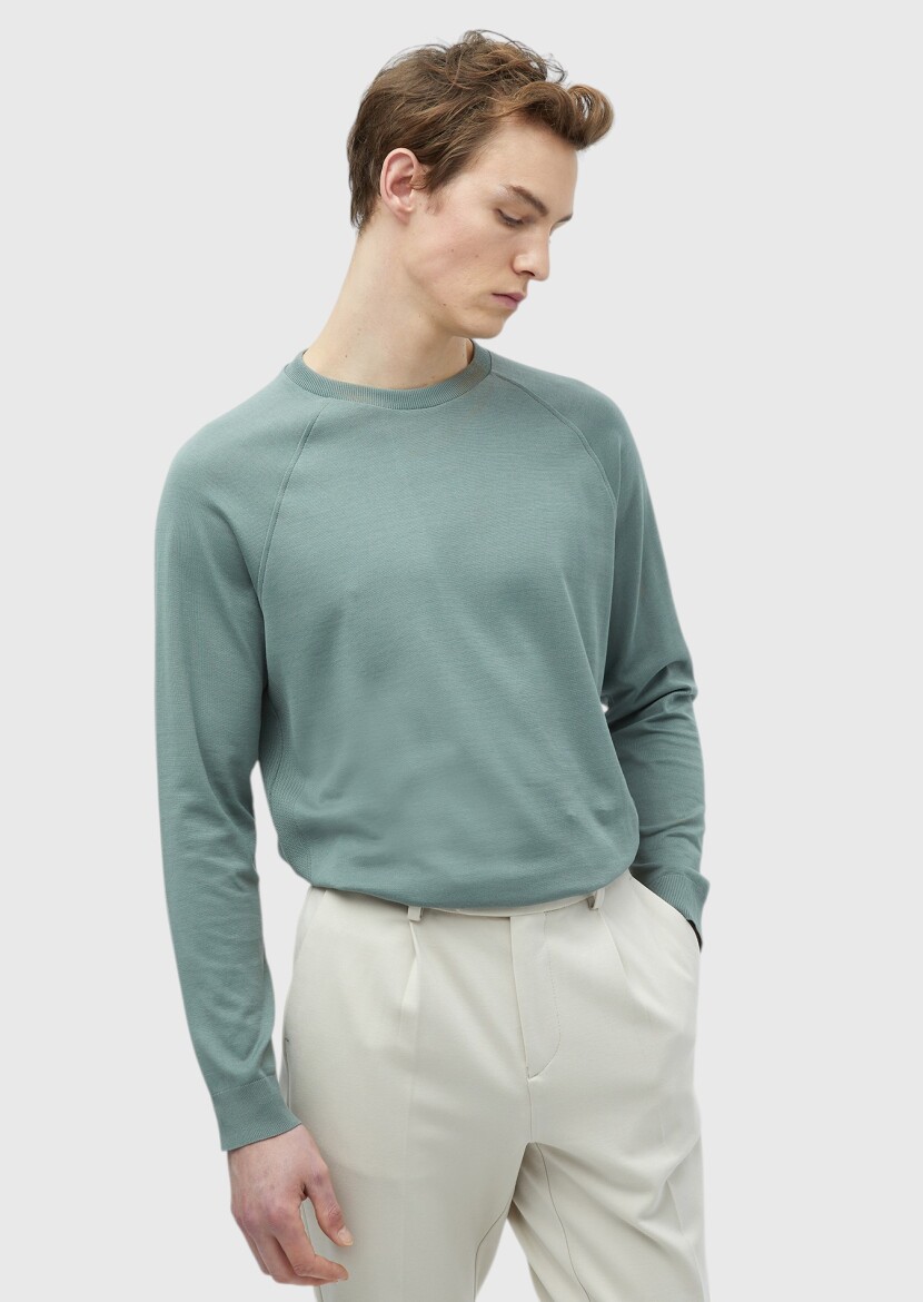 Reseda Green Crew Neck Plain Sweatshirt - 3