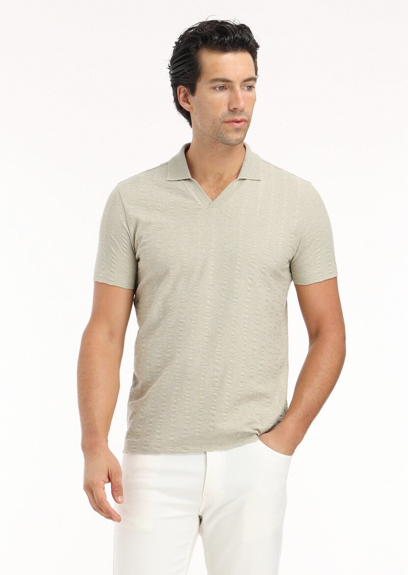 Reseda Green Jacquard Polo Neck 100% Cotton T-Shirt 