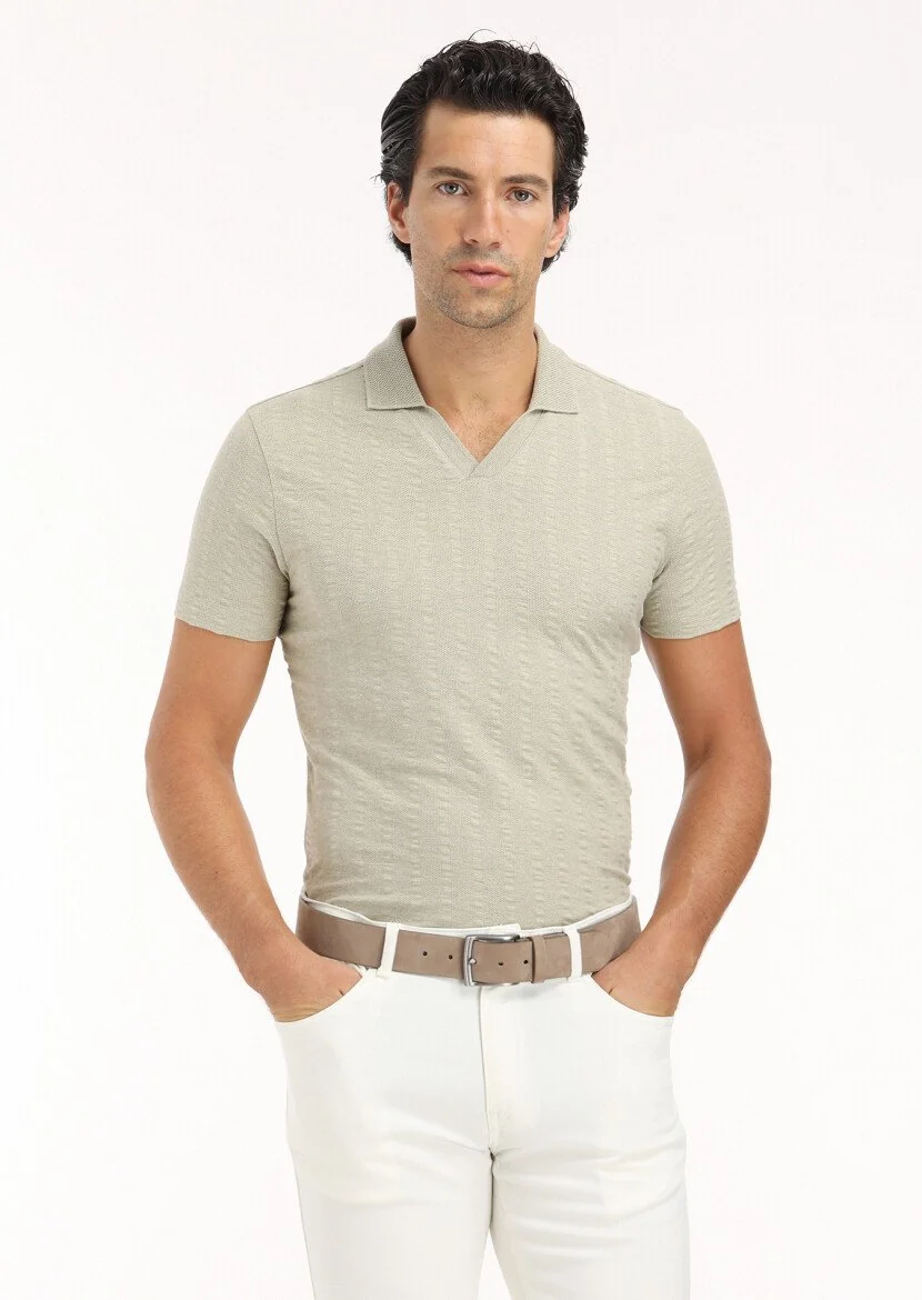 Reseda Green Jacquard Polo Neck 100% Cotton T-Shirt - 3