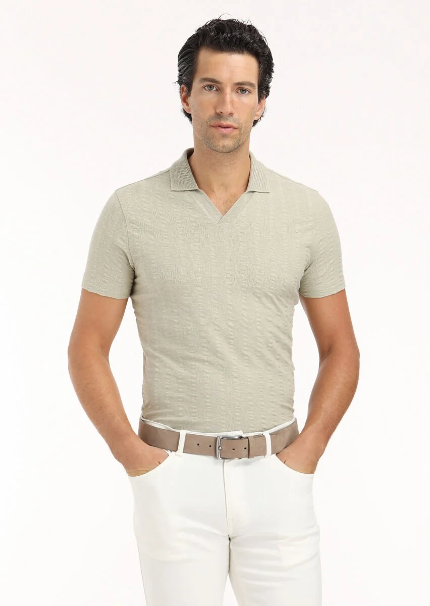 Reseda Green Jacquard Polo Neck 100% Cotton T-Shirt - 3