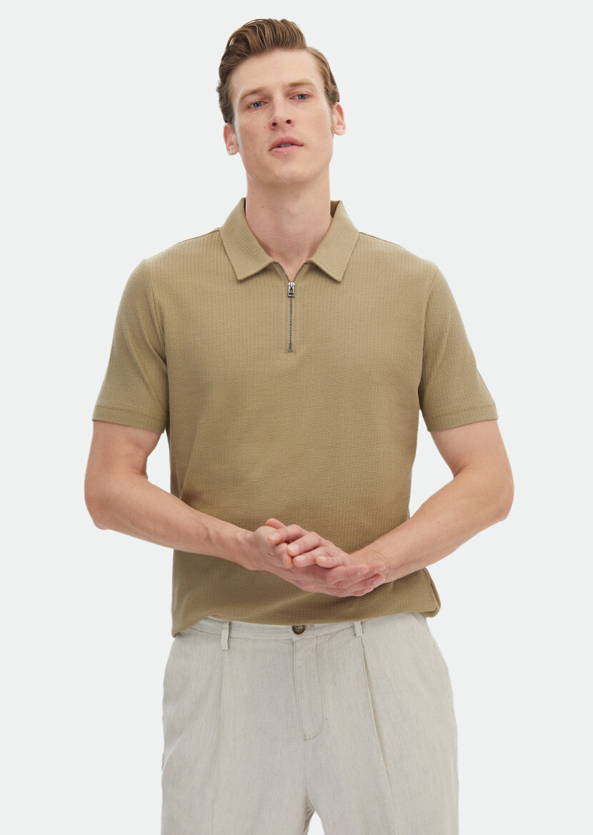 Reseda Green Jacquard Polo Neck 100% Cotton T-Shirt 