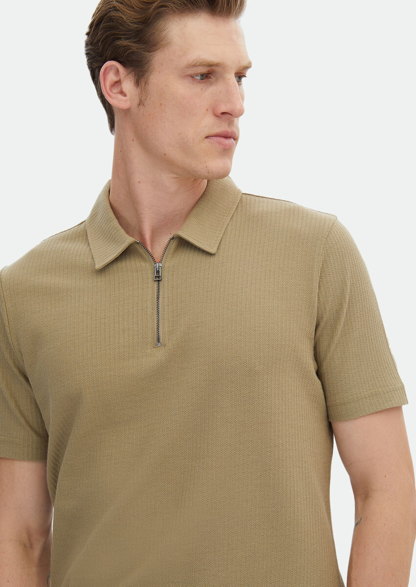 Reseda Green Jacquard Polo Neck 100% Cotton T-Shirt - 4