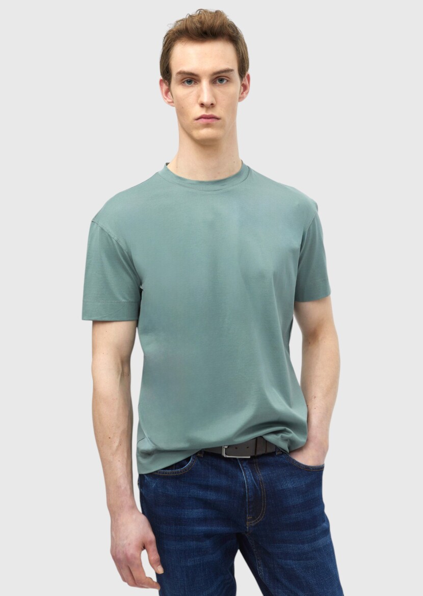 Reseda Green Plain Crew Neck 100% Cotton T-Shirt - RAMSEY