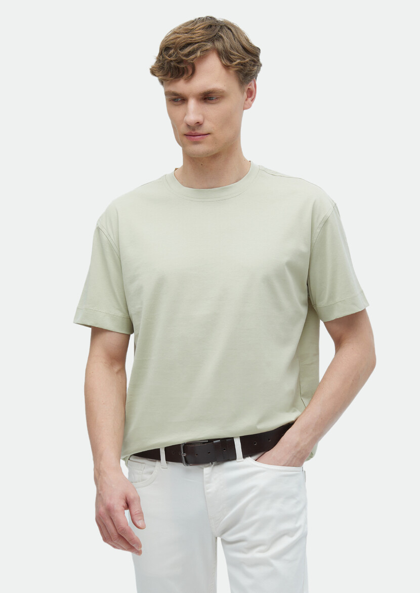 Reseda Green Plain Crew Neck 100% Cotton T-Shirt - 1