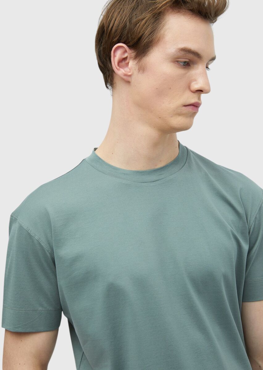 Reseda Green Plain Crew Neck 100% Cotton T-Shirt - 4