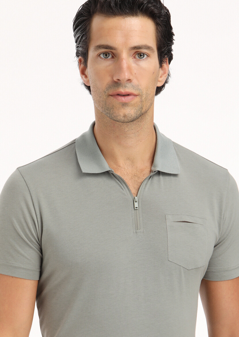 Reseda Green Plain Polo Neck Cotton Blended T-Shirt - 4