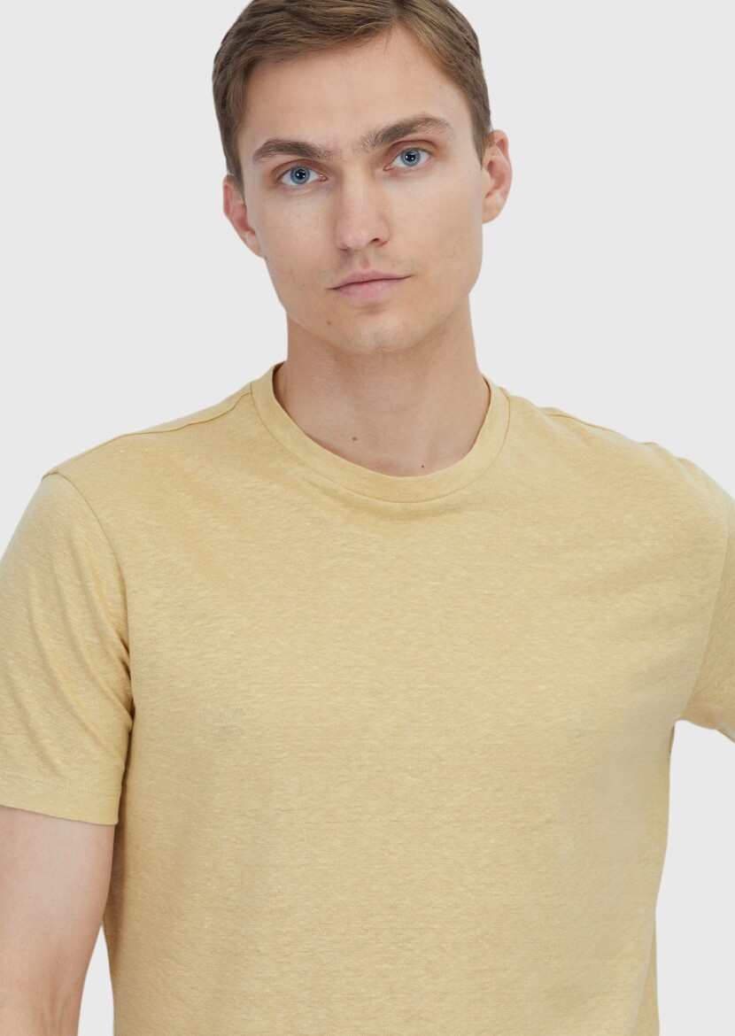 Safran Düz Bisiklet Yaka %100 Keten T-Shirt - 3