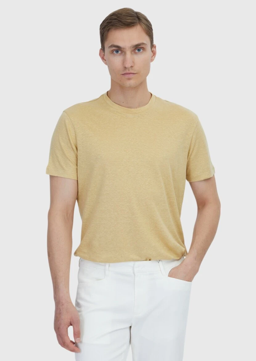 Safran Düz Bisiklet Yaka %100 Keten T-Shirt - 1