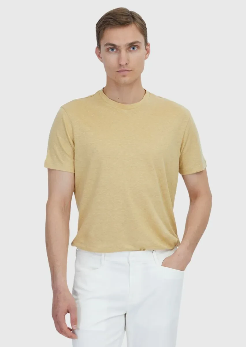 Safran Düz Bisiklet Yaka %100 Keten T-Shirt - 1