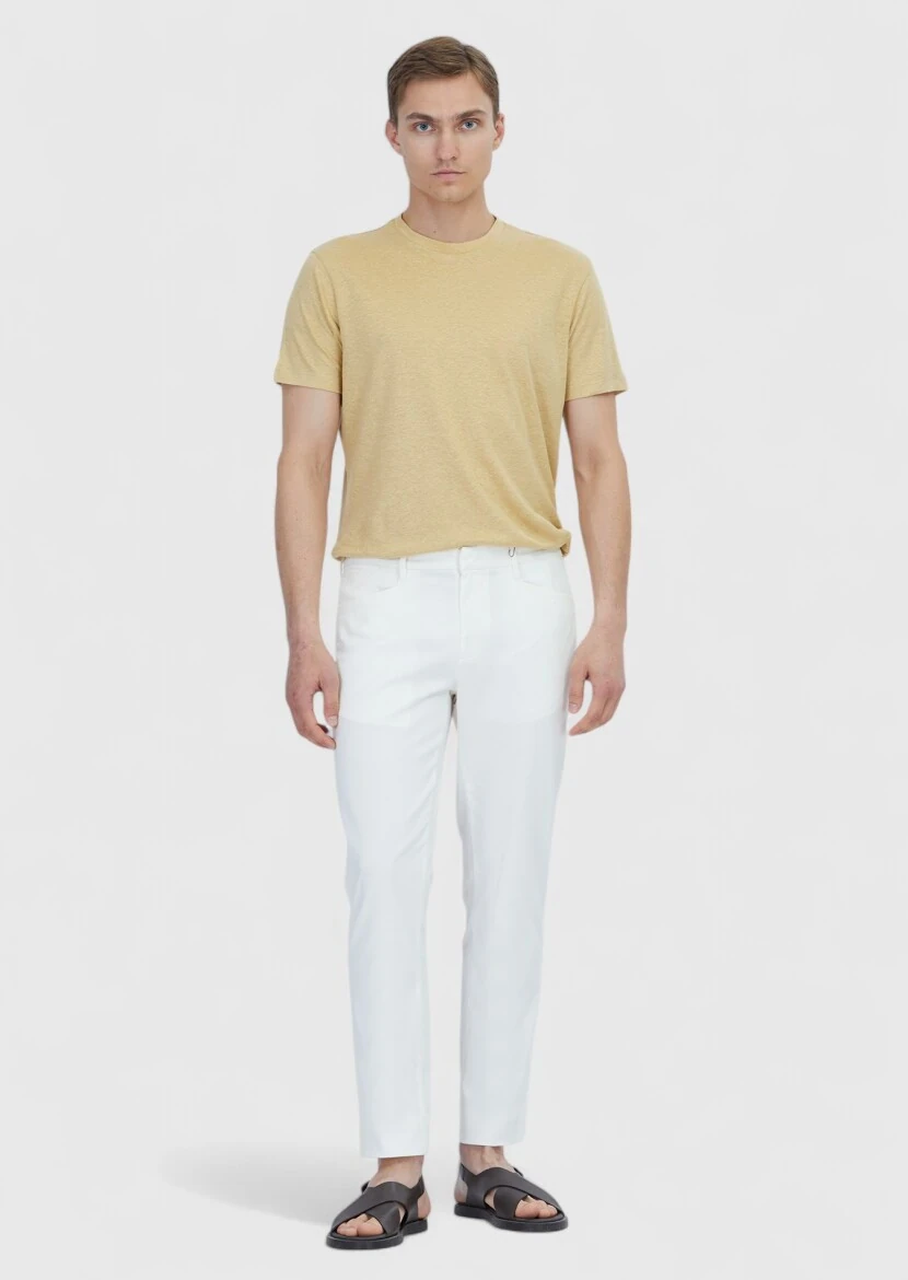 Safran Düz Bisiklet Yaka %100 Keten T-Shirt 
