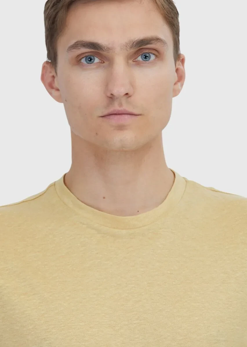 Safran Düz Bisiklet Yaka %100 Keten T-Shirt - 4