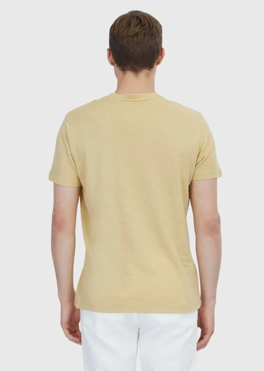 Safran Düz Bisiklet Yaka %100 Keten T-Shirt - 5