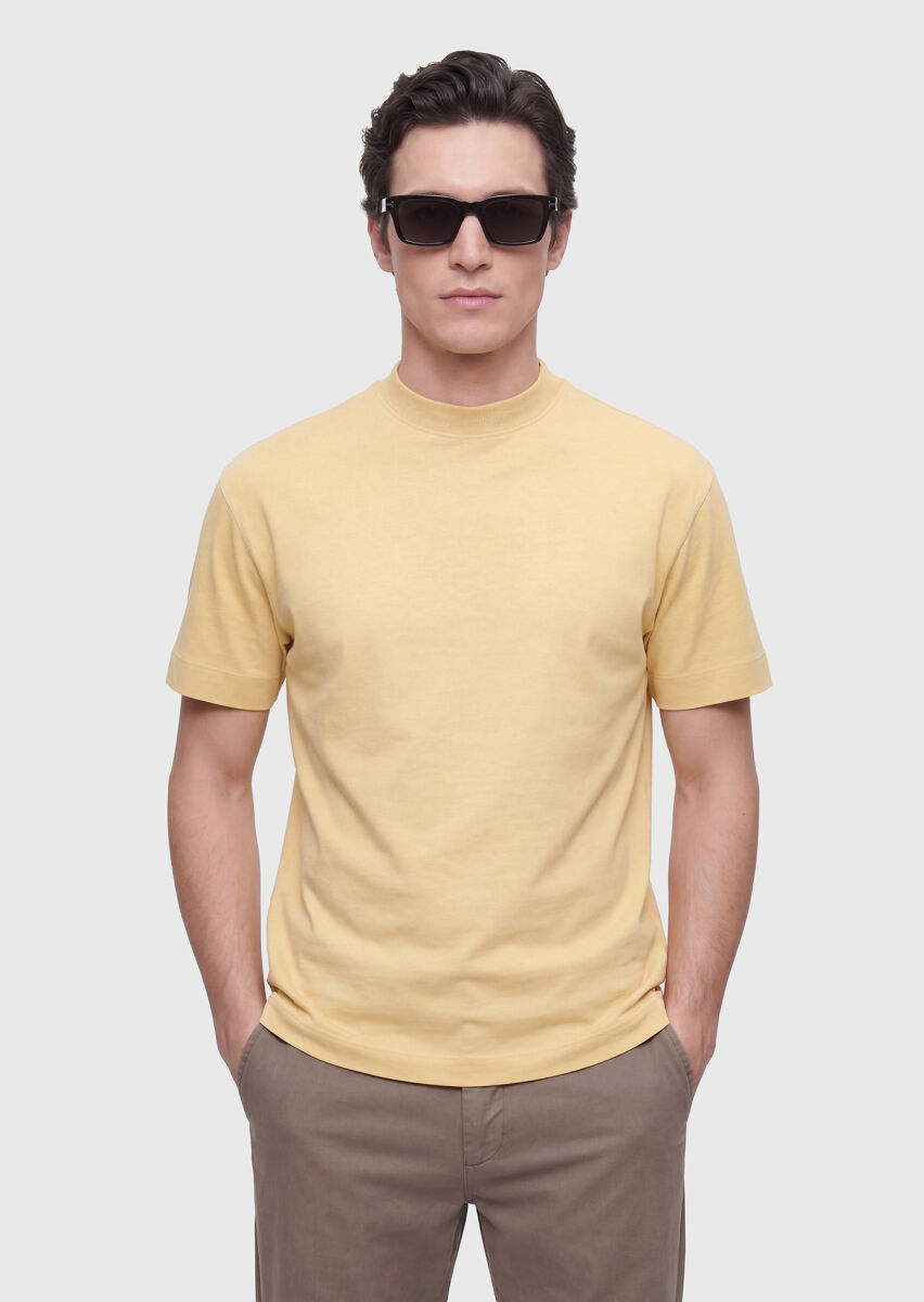 Safran Düz Bisiklet Yaka %100 Pamuk T-Shirt - 1