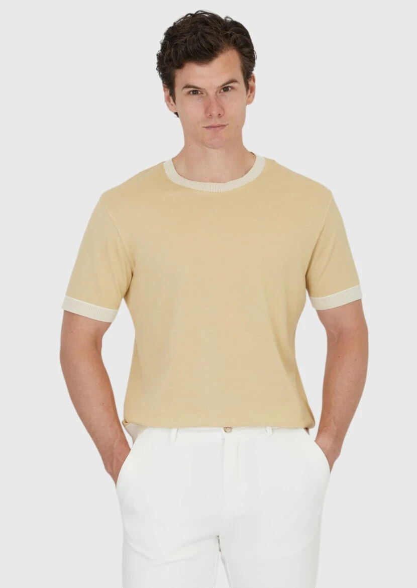 Safran Düz Bisiklet Yaka %100 Pamuk T-Shirt - 1
