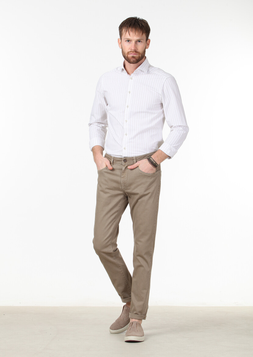 Safran Düz Dokuma Slim Fit Casual Pamuk Karışımlı Pantolon 