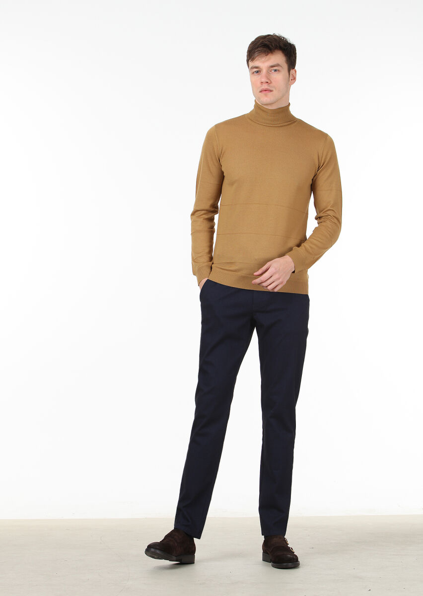 Safran Tam Balıkçı Yaka Düz Örgü Yün Karışımlı Triko Kazak - 3