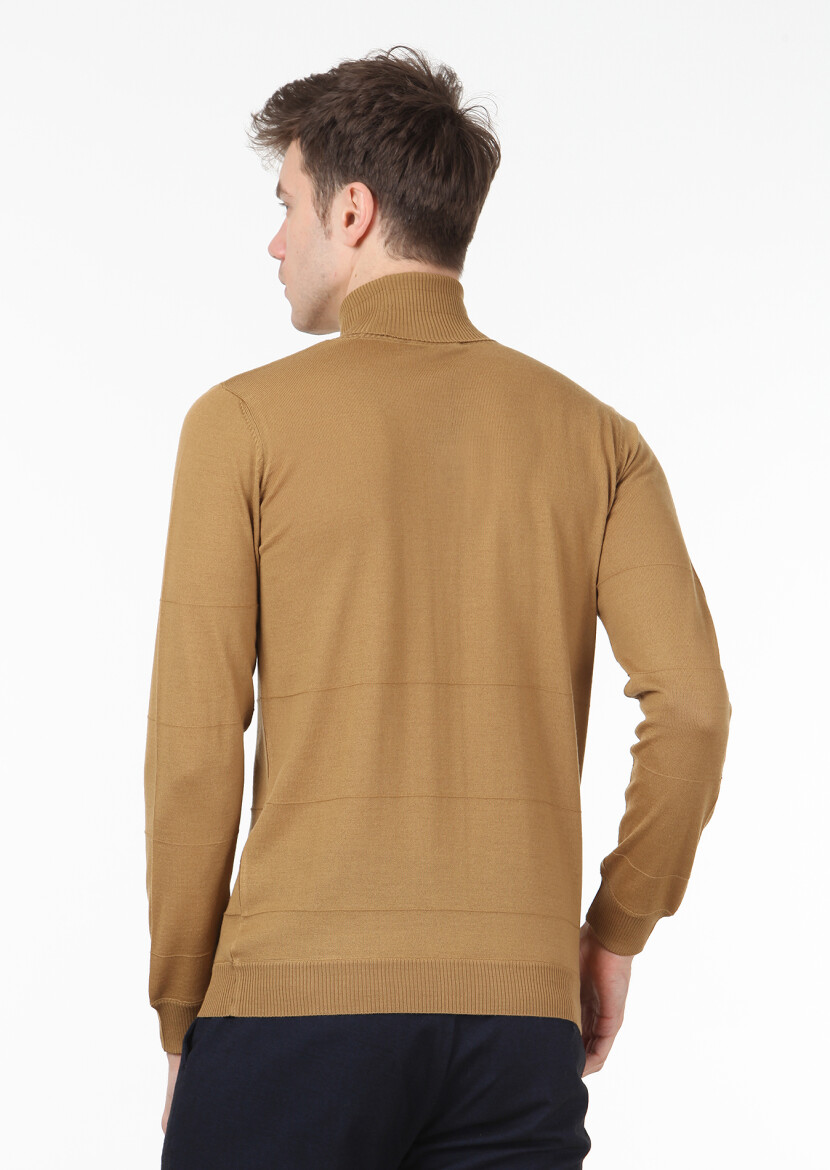 Safran Tam Balıkçı Yaka Düz Örgü Yün Karışımlı Triko Kazak - 4