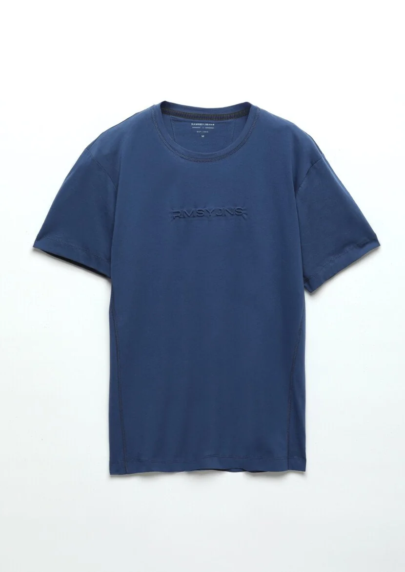 Saks Baskılı Bisiklet Yaka %100 Pamuk T-Shirt - 5