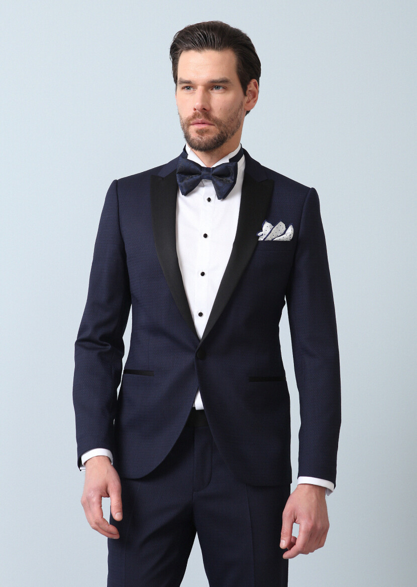 Saks Desenli Fashion Slim Fit Kruvaze Yaka Dokuma Smokin Takım Elbise - 2