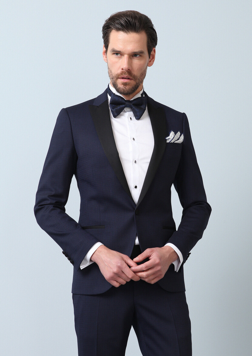 Saks Desenli Fashion Slim Fit Kruvaze Yaka Dokuma Smokin Takım Elbise - 5